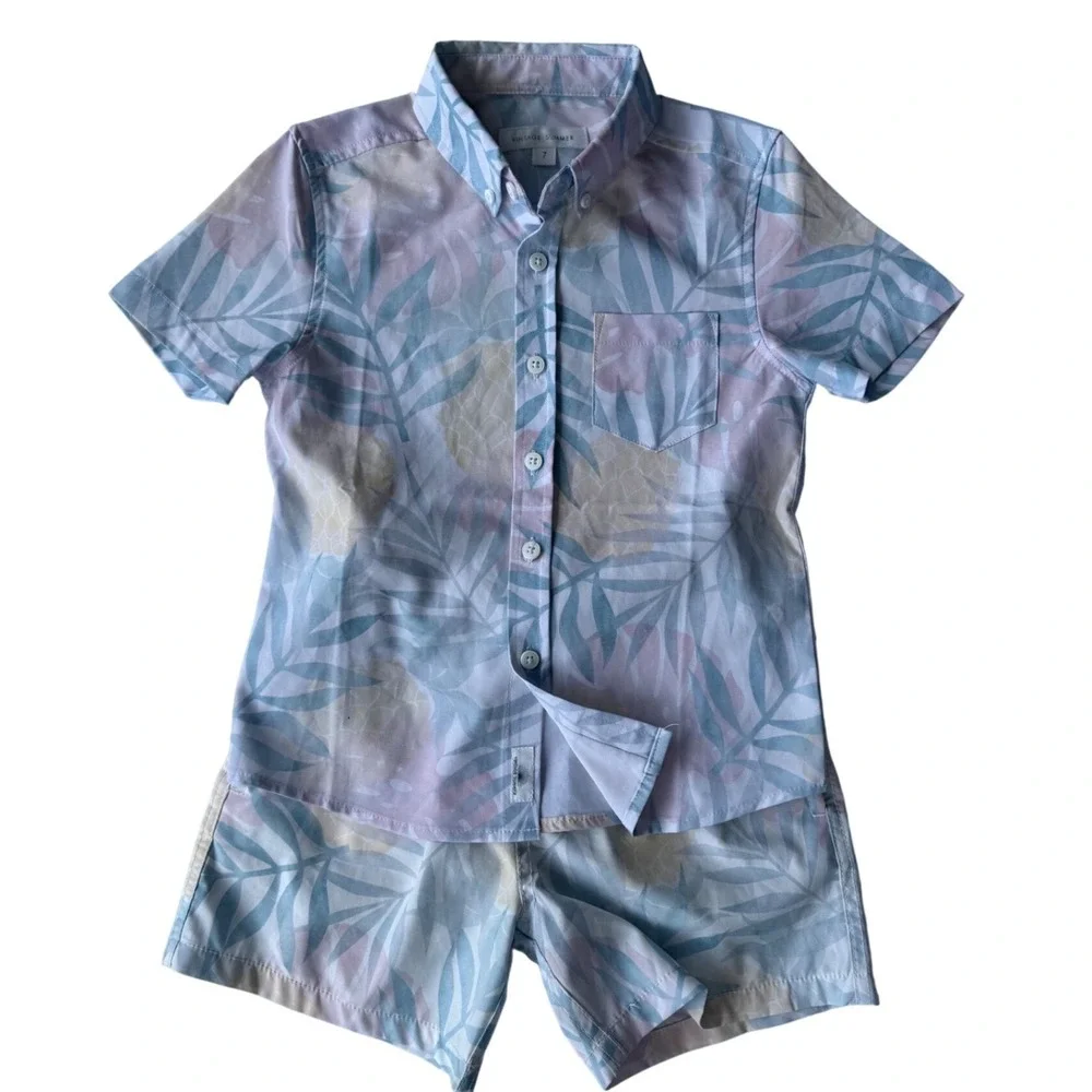 Vintage Summer Boys Tropical Button-Up Shirt & Swim Trunks Set Size 7 Pineapple